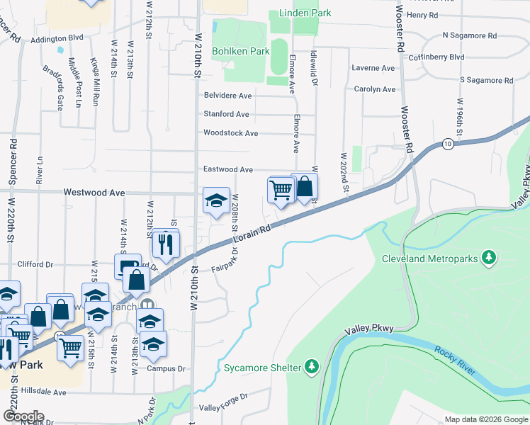 map of restaurants, bars, coffee shops, grocery stores, and more near in Fairview Park