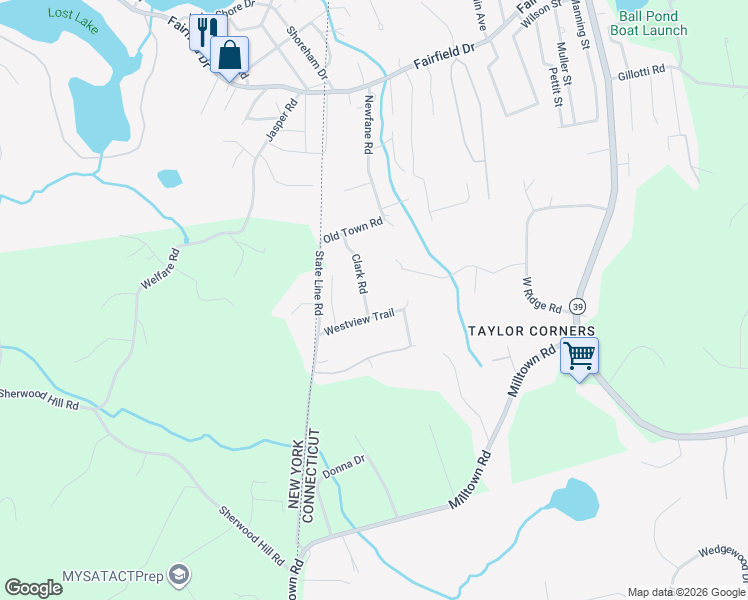 map of restaurants, bars, coffee shops, grocery stores, and more near 5 Westview Trail in New Fairfield