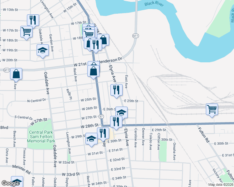 map of restaurants, bars, coffee shops, grocery stores, and more near 2394 Elyria Avenue in Lorain