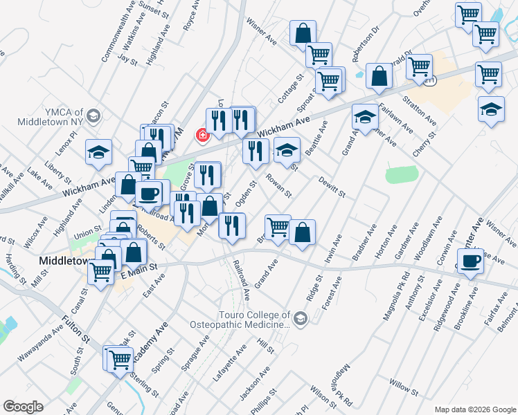 map of restaurants, bars, coffee shops, grocery stores, and more near 22 Broad Street in Middletown