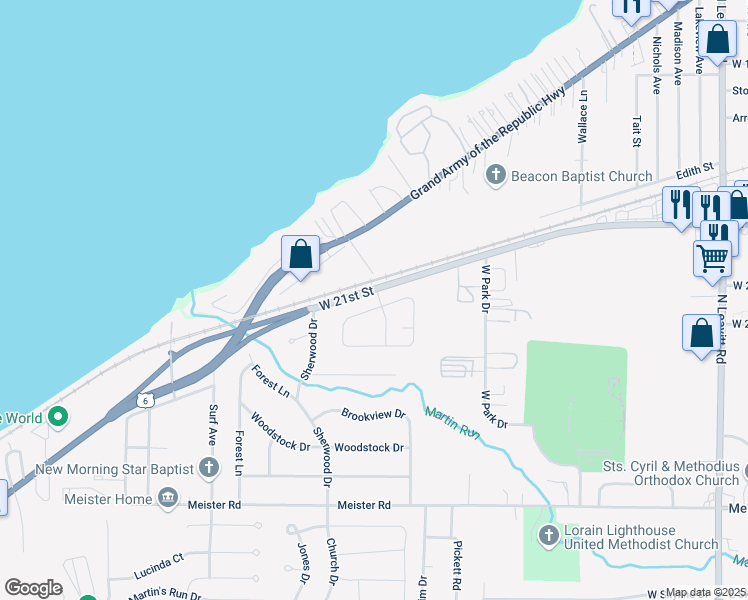 map of restaurants, bars, coffee shops, grocery stores, and more near 3820 North Hogan Drive in Lorain