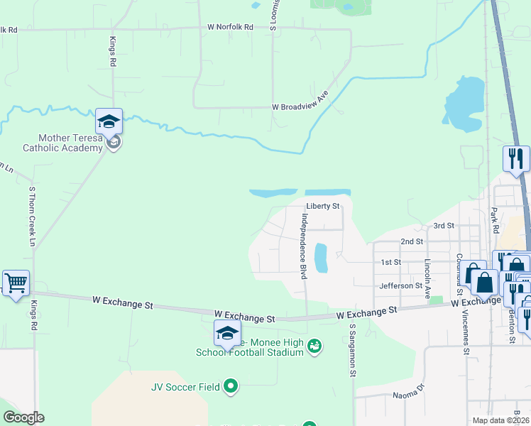 map of restaurants, bars, coffee shops, grocery stores, and more near 24380 Liberty Street in Crete