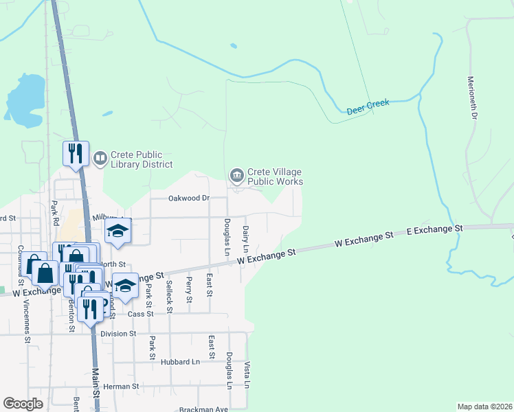 map of restaurants, bars, coffee shops, grocery stores, and more near 242 Milburn Avenue in Crete