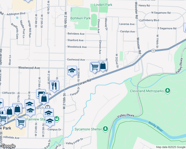 map of restaurants, bars, coffee shops, grocery stores, and more near 20550 Lorain Road in Fairview Park