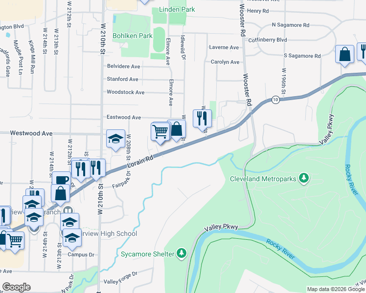 map of restaurants, bars, coffee shops, grocery stores, and more near Lorain Road & West 204th Street in Fairview Park
