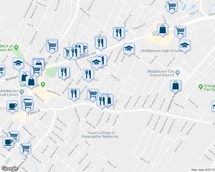 map of restaurants, bars, coffee shops, grocery stores, and more near 65 Grand Avenue in Middletown