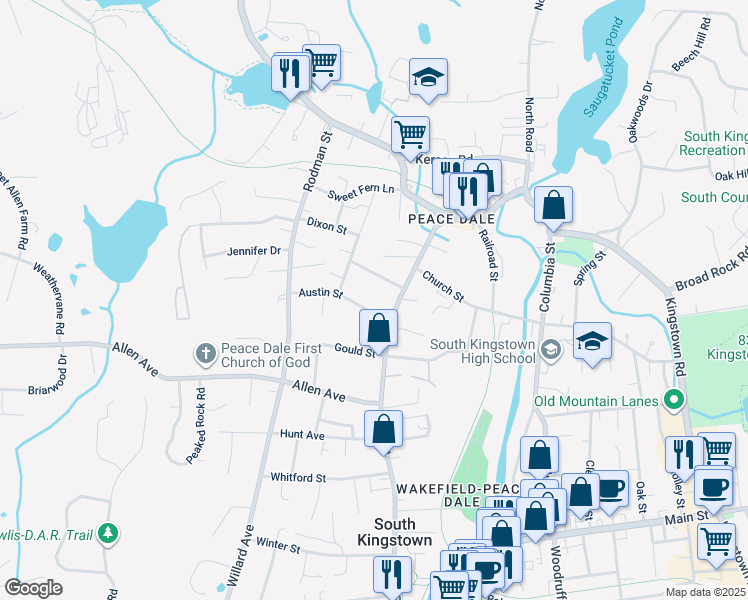 map of restaurants, bars, coffee shops, grocery stores, and more near 26 Austin Street in South Kingstown