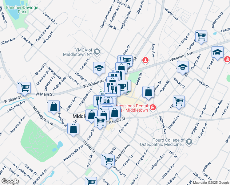 map of restaurants, bars, coffee shops, grocery stores, and more near 8 John Street in Middletown