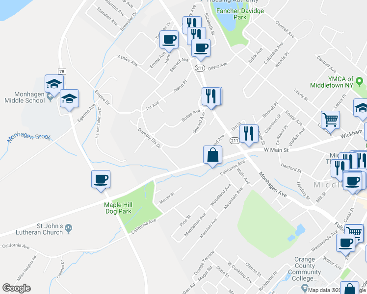 map of restaurants, bars, coffee shops, grocery stores, and more near 227 West Main Street in Middletown