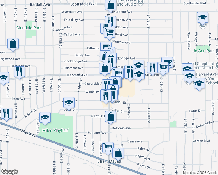 map of restaurants, bars, coffee shops, grocery stores, and more near 16417 Westview Avenue in Cleveland