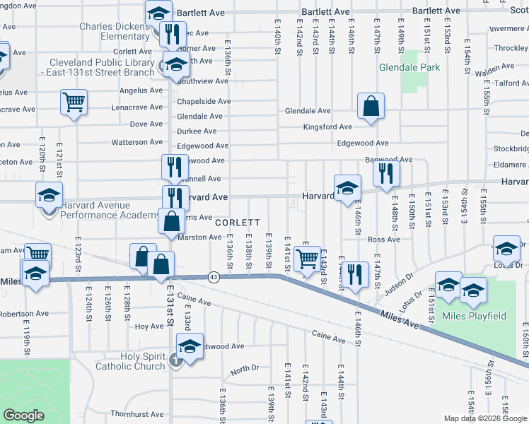map of restaurants, bars, coffee shops, grocery stores, and more near 4085 East 139th Street in Cleveland