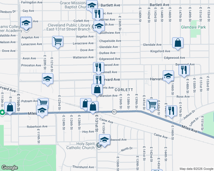 map of restaurants, bars, coffee shops, grocery stores, and more near 13310 Ferris Avenue in Cleveland
