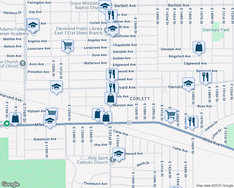 map of restaurants, bars, coffee shops, grocery stores, and more near 13310 Ferris Avenue in Cleveland