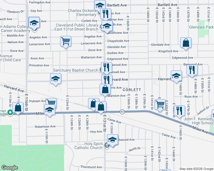 map of restaurants, bars, coffee shops, grocery stores, and more near 4089 East 131st Street in Cleveland