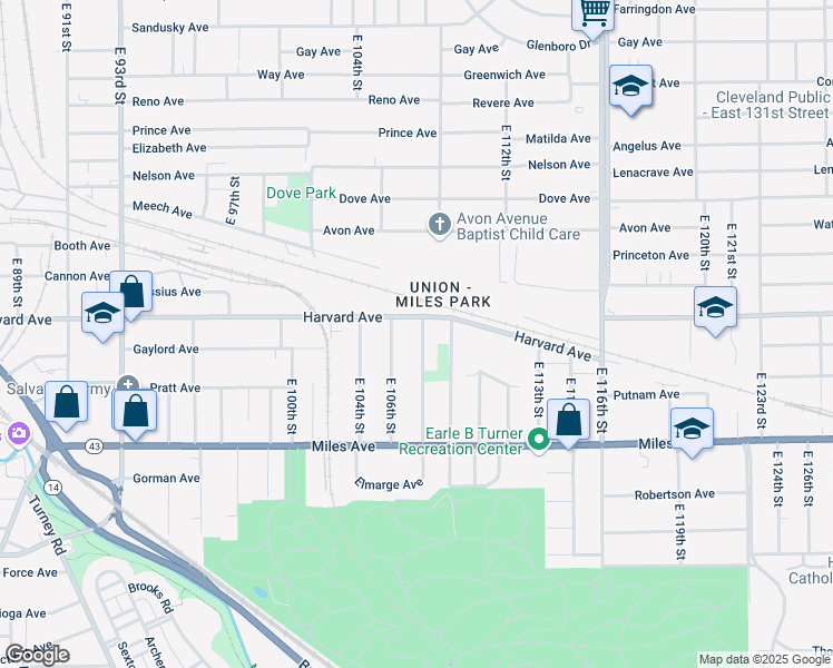 map of restaurants, bars, coffee shops, grocery stores, and more near 4083 East 106th Street in Cleveland