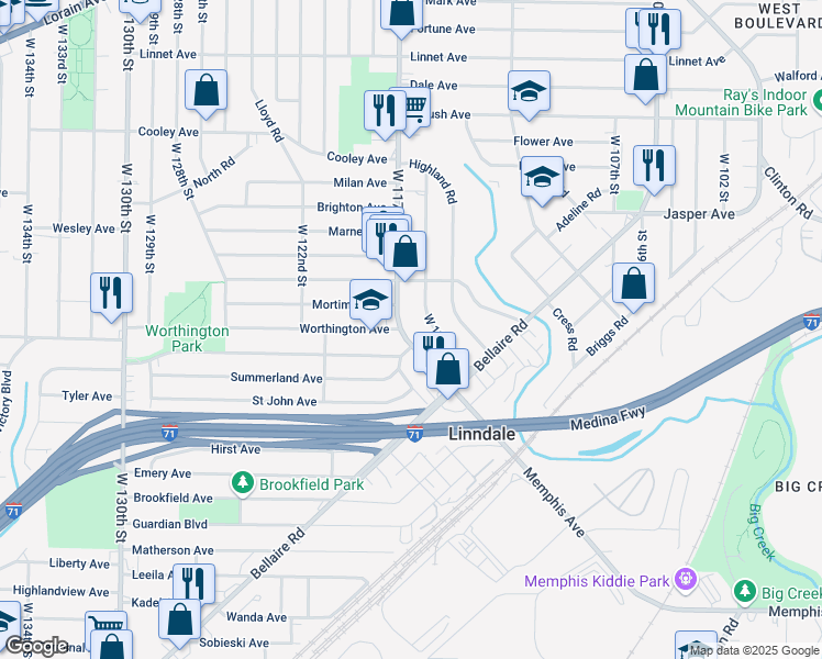 map of restaurants, bars, coffee shops, grocery stores, and more near 3889 West 117th Street in Cleveland