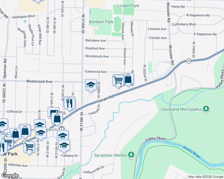 map of restaurants, bars, coffee shops, grocery stores, and more near in Fairview Park