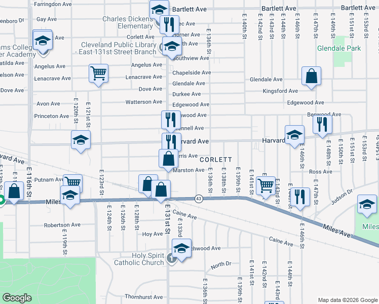 map of restaurants, bars, coffee shops, grocery stores, and more near 13310 Ferris Avenue in Cleveland