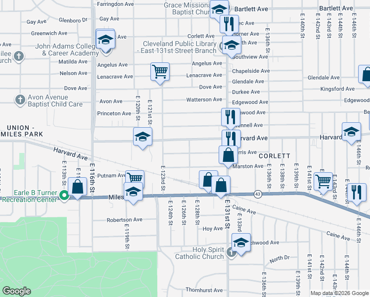 map of restaurants, bars, coffee shops, grocery stores, and more near 12504 Ferris Avenue in Cleveland