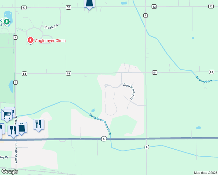 map of restaurants, bars, coffee shops, grocery stores, and more near 1027 Blackstone Boulevard in Nappanee
