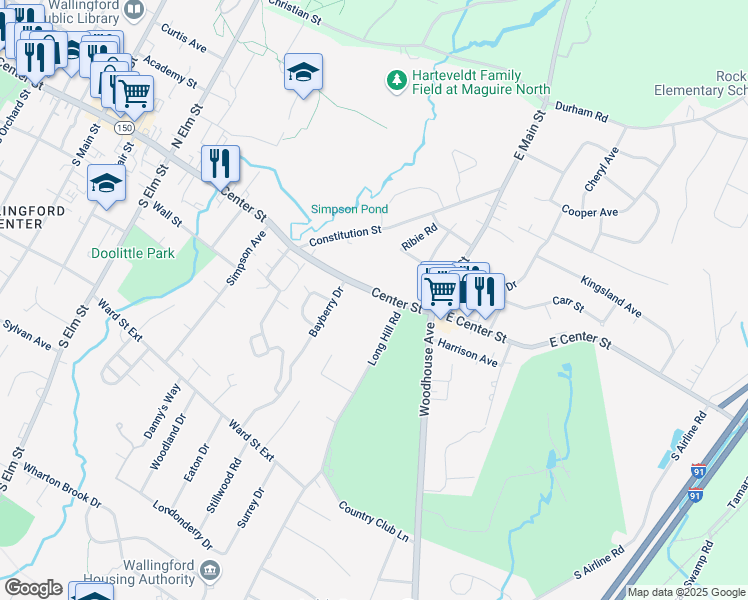 map of restaurants, bars, coffee shops, grocery stores, and more near 765 Center Street in Wallingford