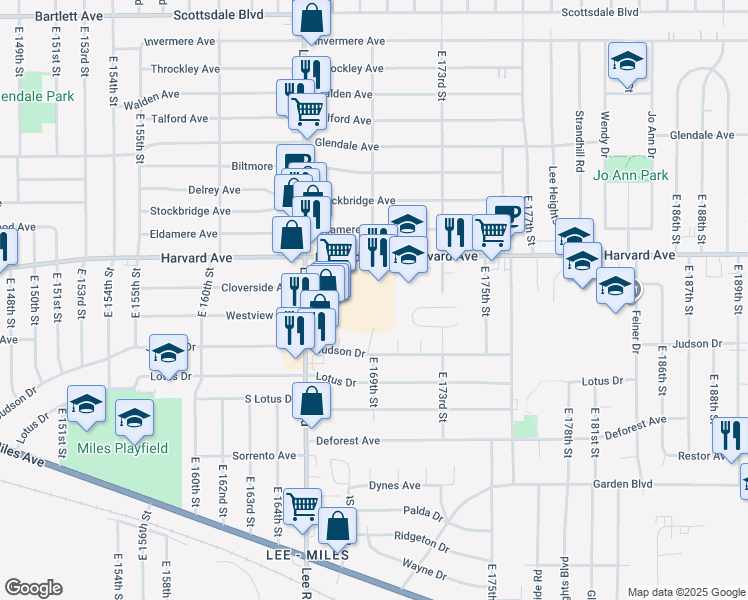 map of restaurants, bars, coffee shops, grocery stores, and more near 16824 Harvard Avenue in Cleveland