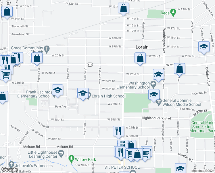 map of restaurants, bars, coffee shops, grocery stores, and more near 1300 West 24th Street in Lorain