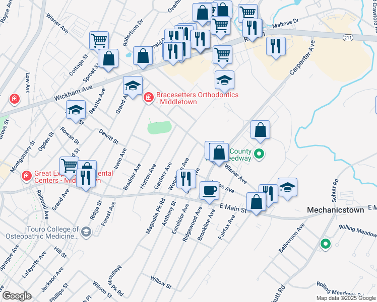map of restaurants, bars, coffee shops, grocery stores, and more near 17 Woodlawn Avenue in Middletown
