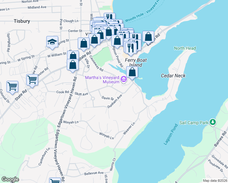 map of restaurants, bars, coffee shops, grocery stores, and more near 170 Dunham Avenue in Tisbury
