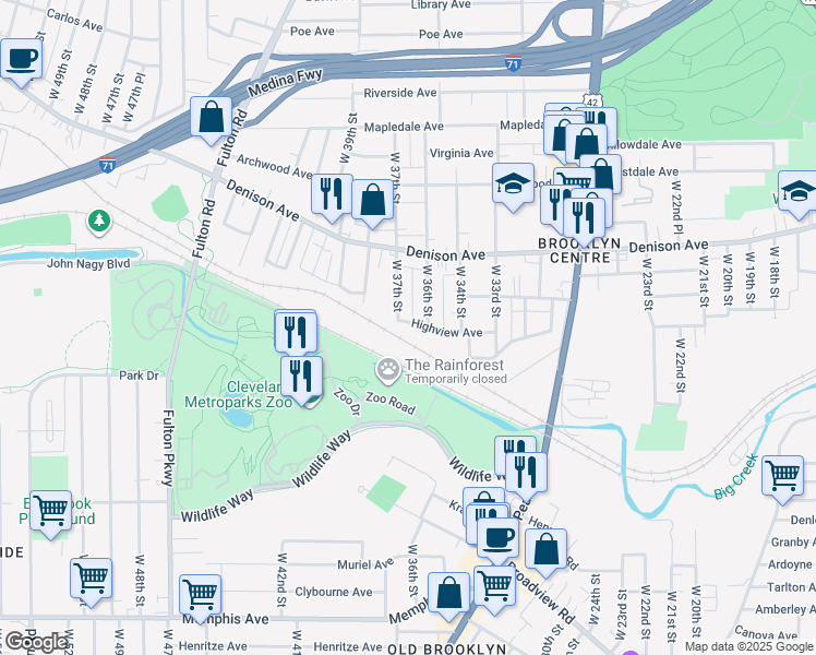 map of restaurants, bars, coffee shops, grocery stores, and more near 3617 Highview Avenue in Cleveland