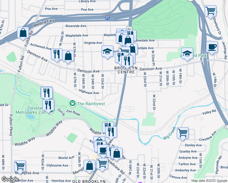 map of restaurants, bars, coffee shops, grocery stores, and more near 3109 Louisiana Avenue in Cleveland