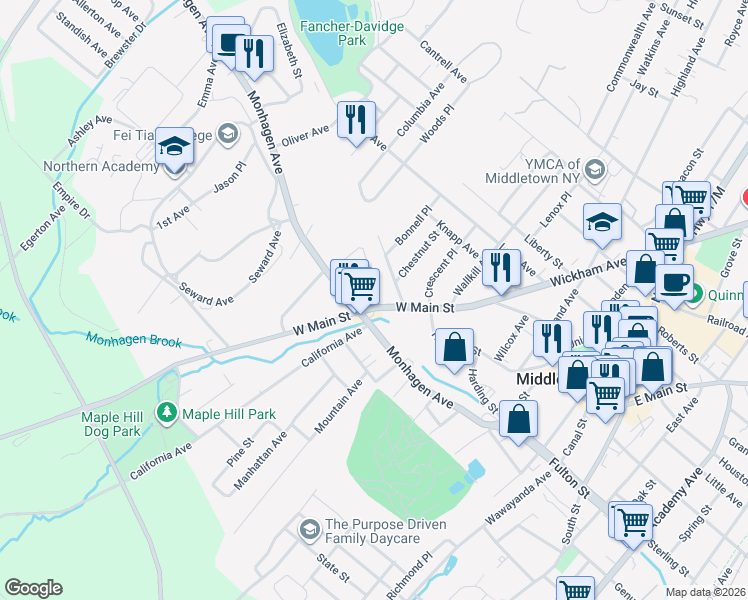 map of restaurants, bars, coffee shops, grocery stores, and more near 171 West Main Street in Middletown
