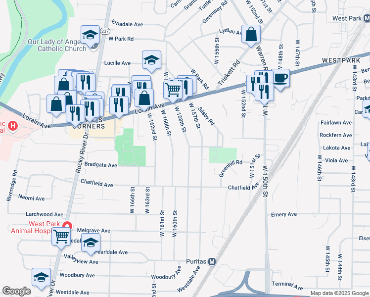 map of restaurants, bars, coffee shops, grocery stores, and more near 3924 West 158th Street in Cleveland