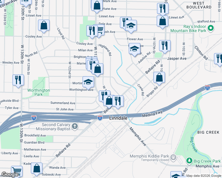 map of restaurants, bars, coffee shops, grocery stores, and more near 3857 West 116th Street in Cleveland