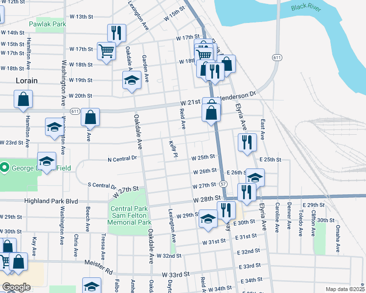 map of restaurants, bars, coffee shops, grocery stores, and more near 2414 Reid Avenue in Lorain