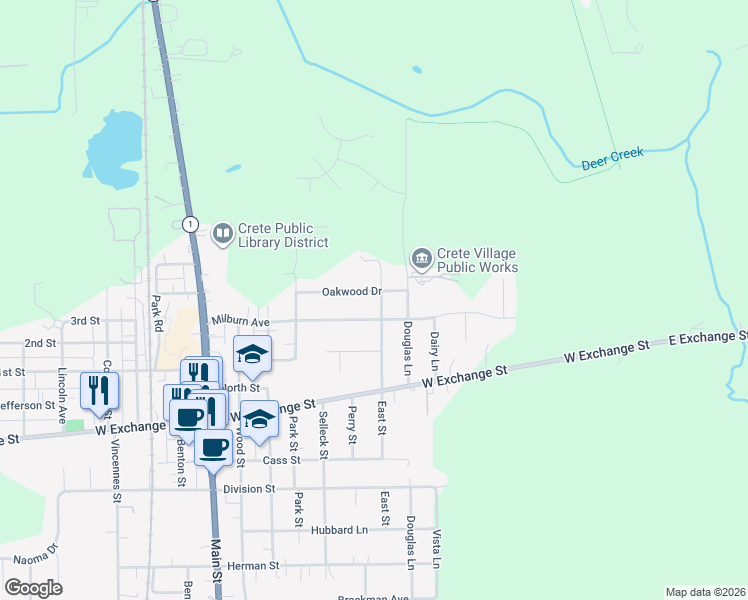 map of restaurants, bars, coffee shops, grocery stores, and more near 325 Milburn Avenue in Crete