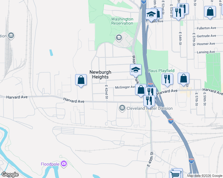 map of restaurants, bars, coffee shops, grocery stores, and more near 4055 East 44th Street in Newburgh Heights
