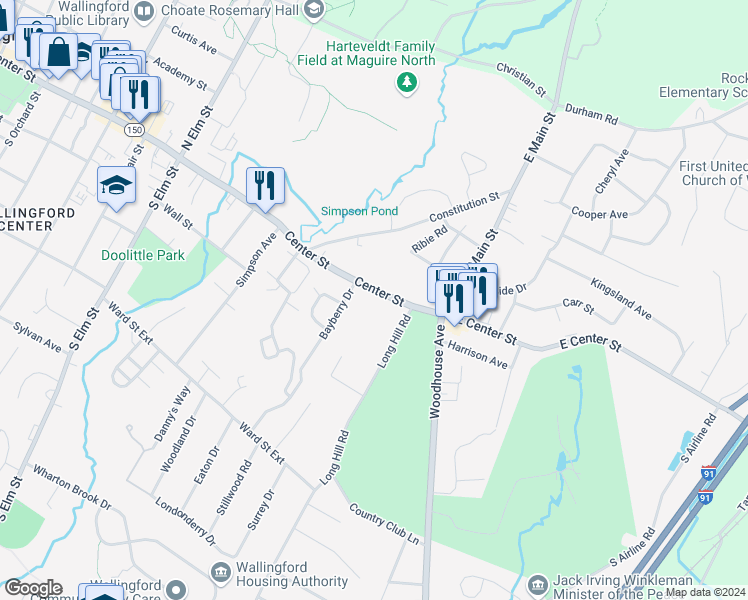 map of restaurants, bars, coffee shops, grocery stores, and more near 765 Center Street in Wallingford