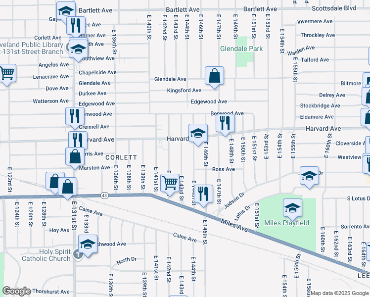 map of restaurants, bars, coffee shops, grocery stores, and more near 4086 East 143rd Street in Cleveland