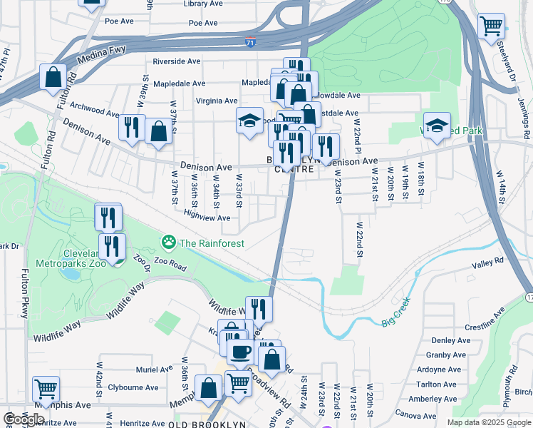 map of restaurants, bars, coffee shops, grocery stores, and more near 3109 Louisiana Avenue in Cleveland