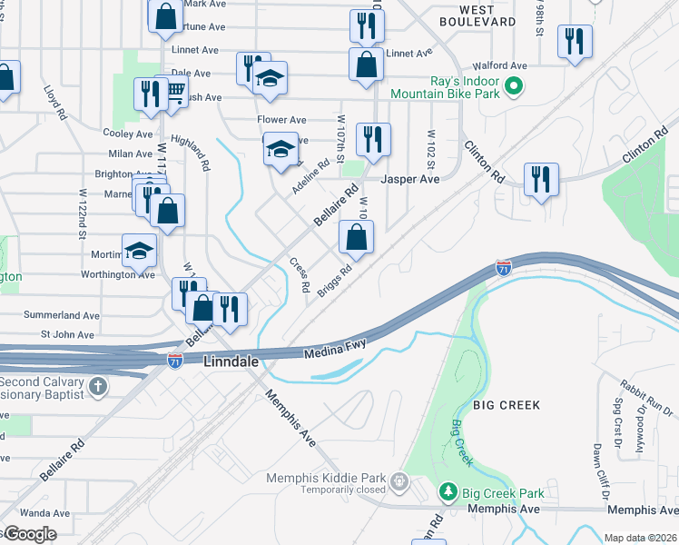 map of restaurants, bars, coffee shops, grocery stores, and more near 10721 Briggs Road in Cleveland