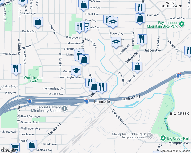 map of restaurants, bars, coffee shops, grocery stores, and more near 3857 West 116th Street in Cleveland