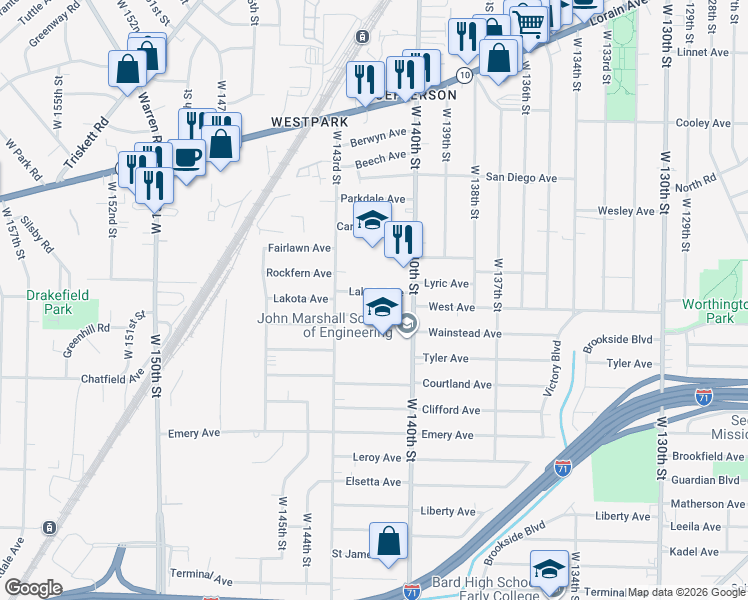 map of restaurants, bars, coffee shops, grocery stores, and more near 14110 Viola Avenue in Cleveland