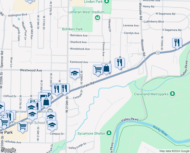 map of restaurants, bars, coffee shops, grocery stores, and more near in Fairview Park