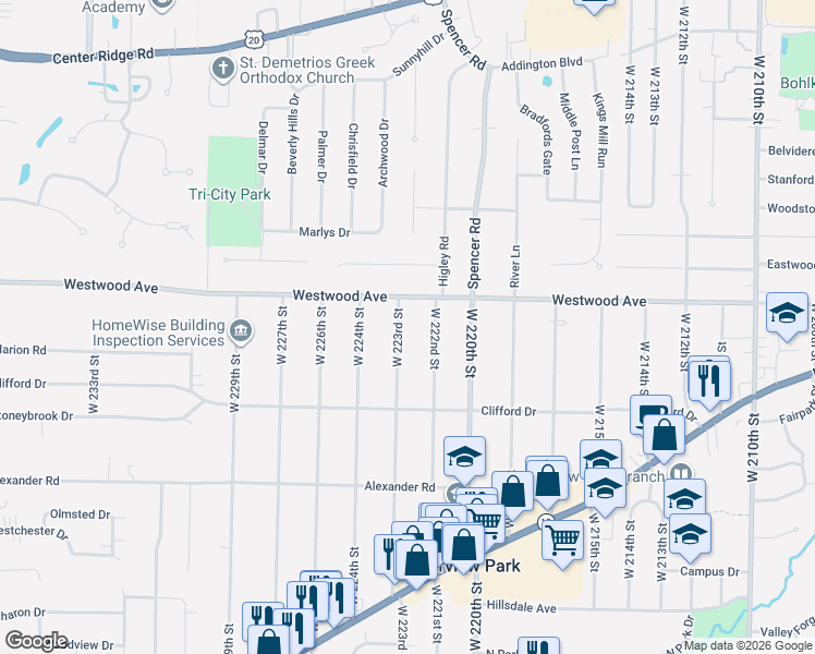 map of restaurants, bars, coffee shops, grocery stores, and more near 3995 West 223rd Street in Fairview Park