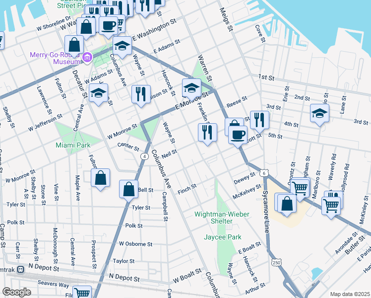 map of restaurants, bars, coffee shops, grocery stores, and more near 217a Scott Street in Sandusky