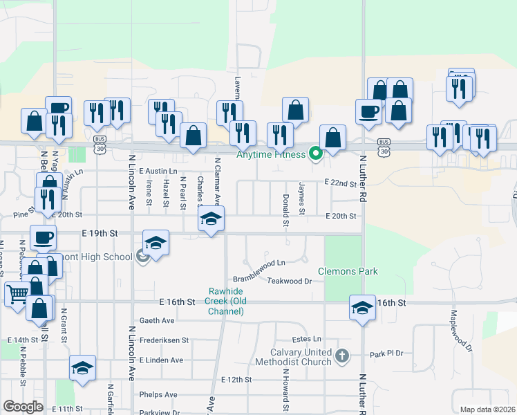 map of restaurants, bars, coffee shops, grocery stores, and more near 2081 East 20th Street in Fremont
