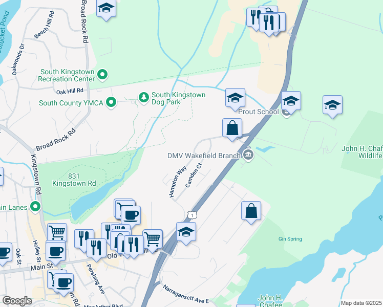 map of restaurants, bars, coffee shops, grocery stores, and more near 61 Camden Court in South Kingstown