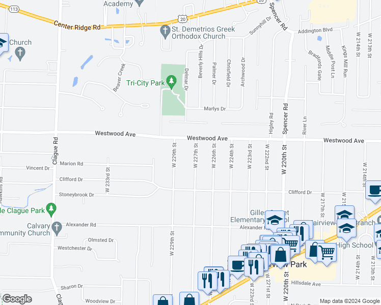 map of restaurants, bars, coffee shops, grocery stores, and more near 3856 West 227th Street in Cleveland