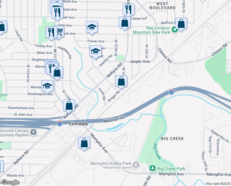 map of restaurants, bars, coffee shops, grocery stores, and more near 10721 Briggs Road in Cleveland